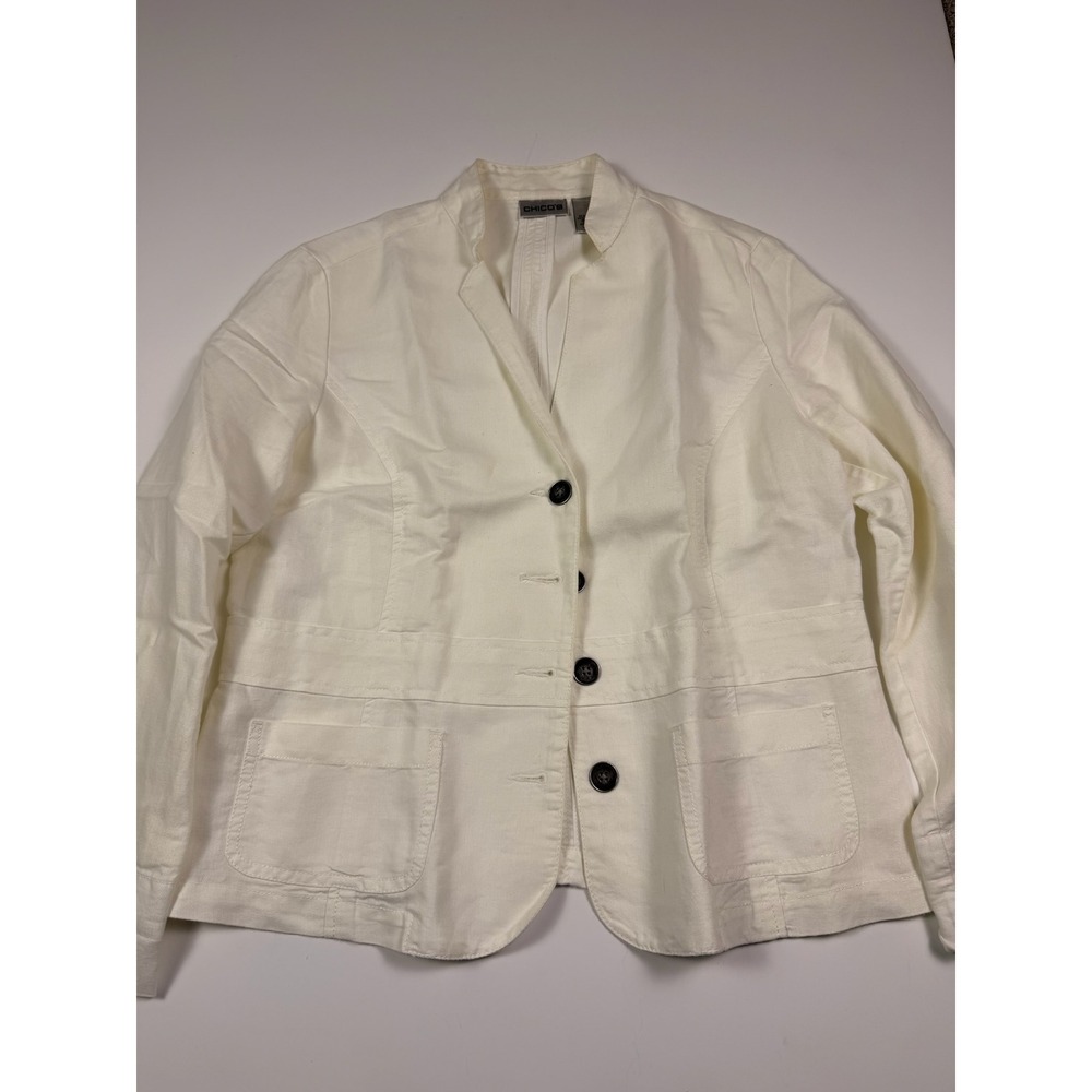 Chicos White Ramie Cotton Herringbone Blazer Jacket Size 1 Medium Button Front